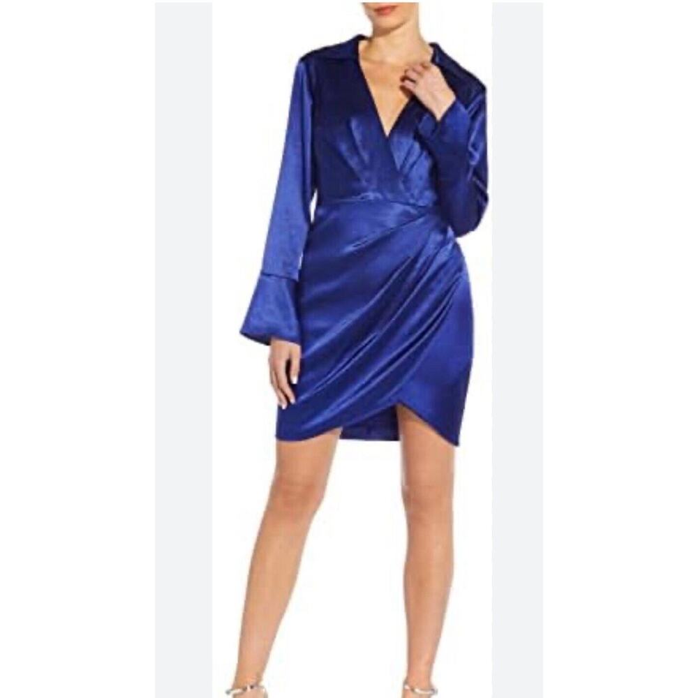 Aiden Mattox Dress Royal Blue V Neck Satin Bell Sleeve Size 8 Party